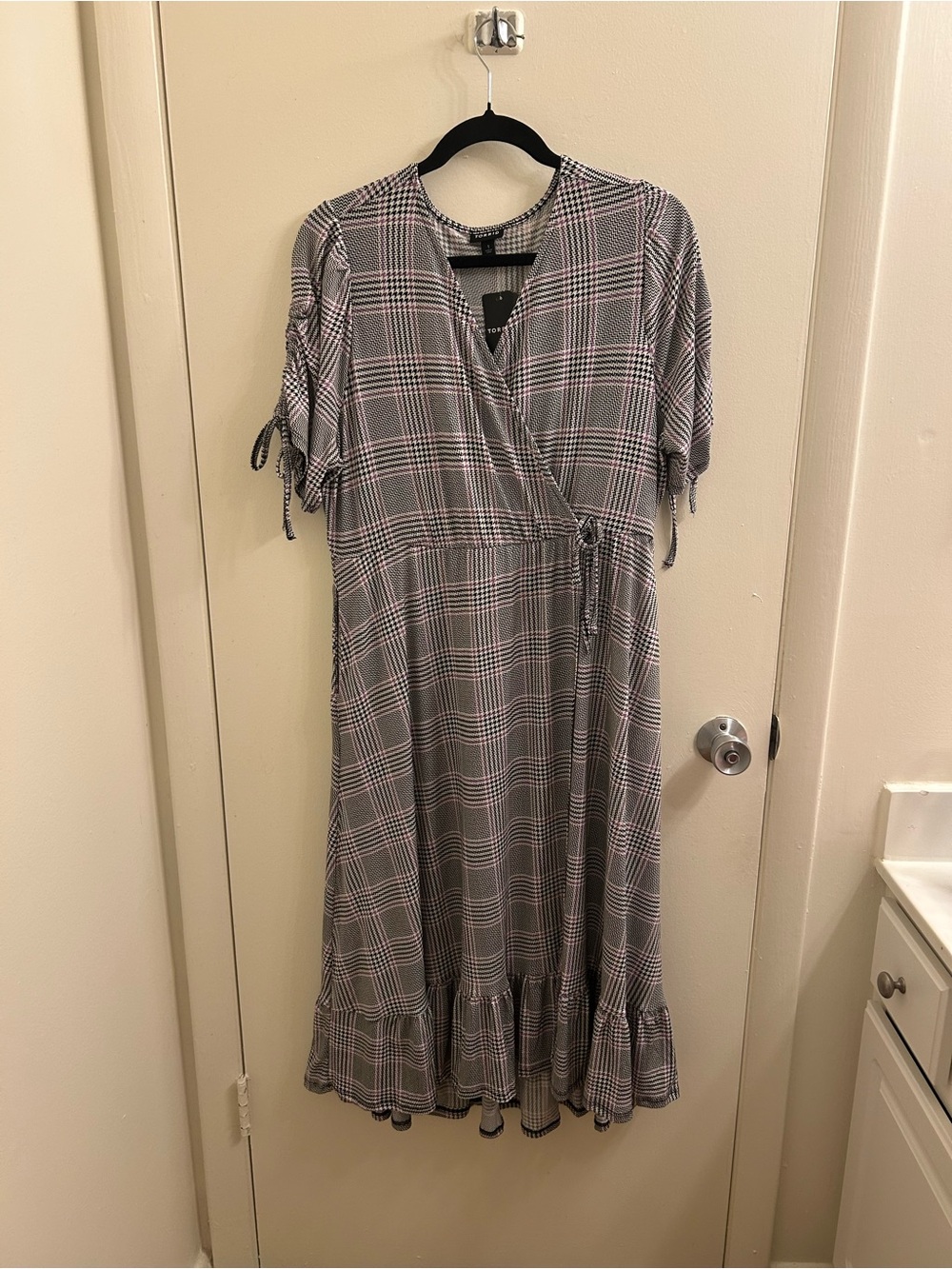 torrid Gray Plaid Wrap Midi Dress with Pink Accents - Picture 2 of 3